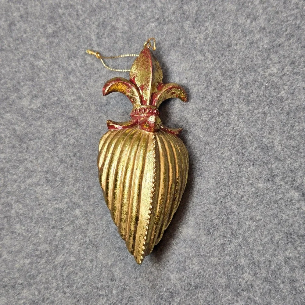 Vintage Fleur De Lis Christmas Ornament Gold Red Antiqued Teardrop 6 Inch